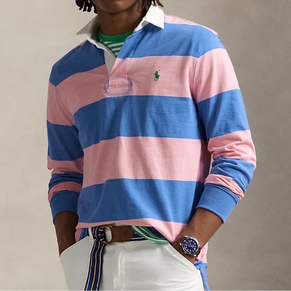 Polo Ralph Lauren Men Long Sleeve Rugby Shirt Garden Pink/New England Blue XL - Picture 2 of 16